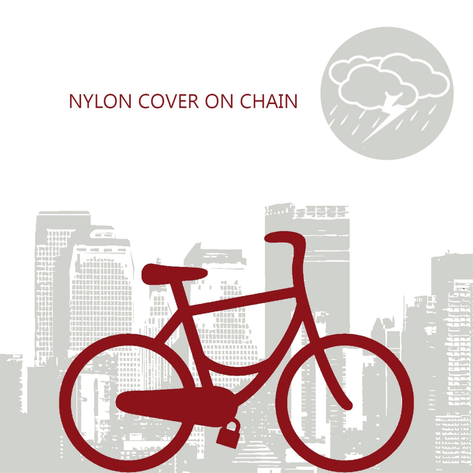 A red bicycle in front of a grey city skyline. Top right, a weather graphic with clouds and rain, text reading 'NYLON COVER ON CHAIN'.