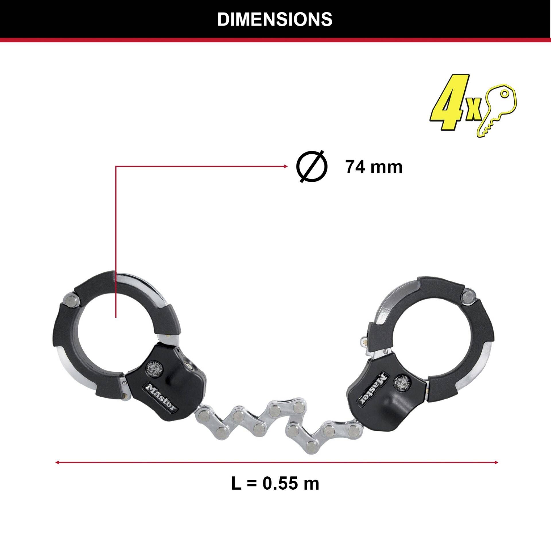 Chain lock with total length 0.55 m and ring diameter 74 mm. Includes: 4 keys. Suitable for bicycle or motorbike.
