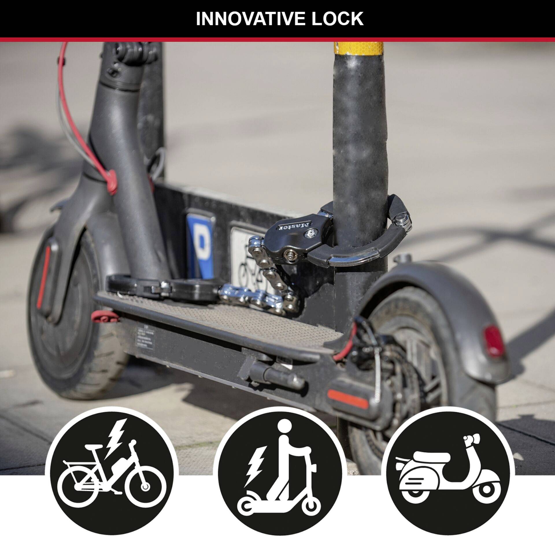 Close-up of an electric scooter with a lock attached; symbols for bicycle, electric scooter, and moped displayed to indicate applicability.
