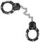 A black, chain-secured handcuff with a metal hinge in the middle, bearing the brand name 'Master' on both sides.