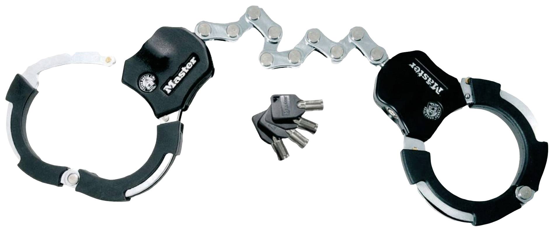 Here is the translation in British English:<br><br>Visible is a pair of handcuffs with several keys in the centre. The handcuffs are black and silvery and appear robust.