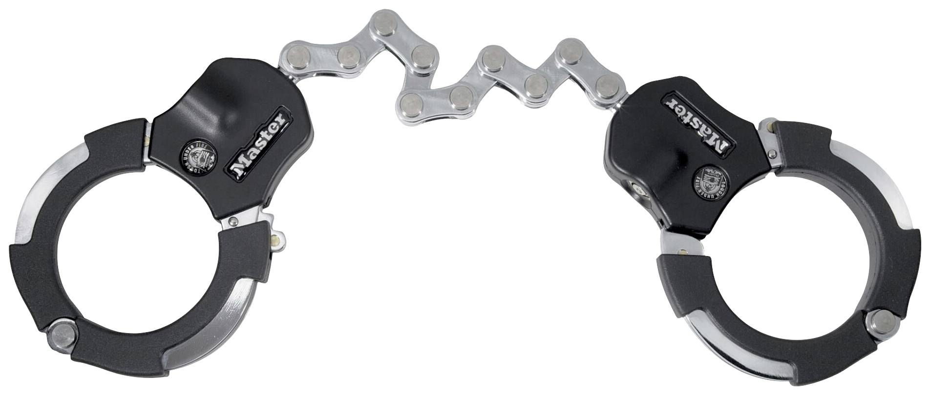 Handcuffs with metallic joints, brand name visible on the handles.