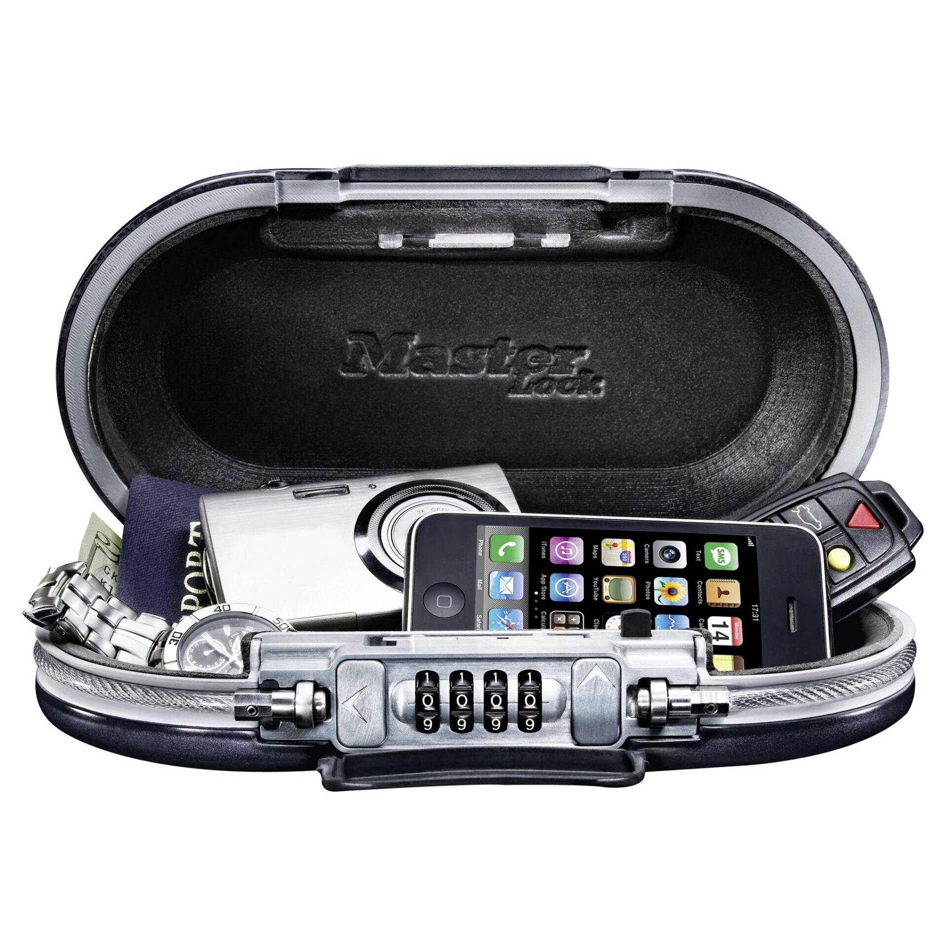 An open, lockable box contains a mobile phone, a camera, a watch, keys and cash.<br><br>Note: In British English, "smartphone" is typically rendered as "mobile phone", and "cash" is a commonly used term for money in this context.