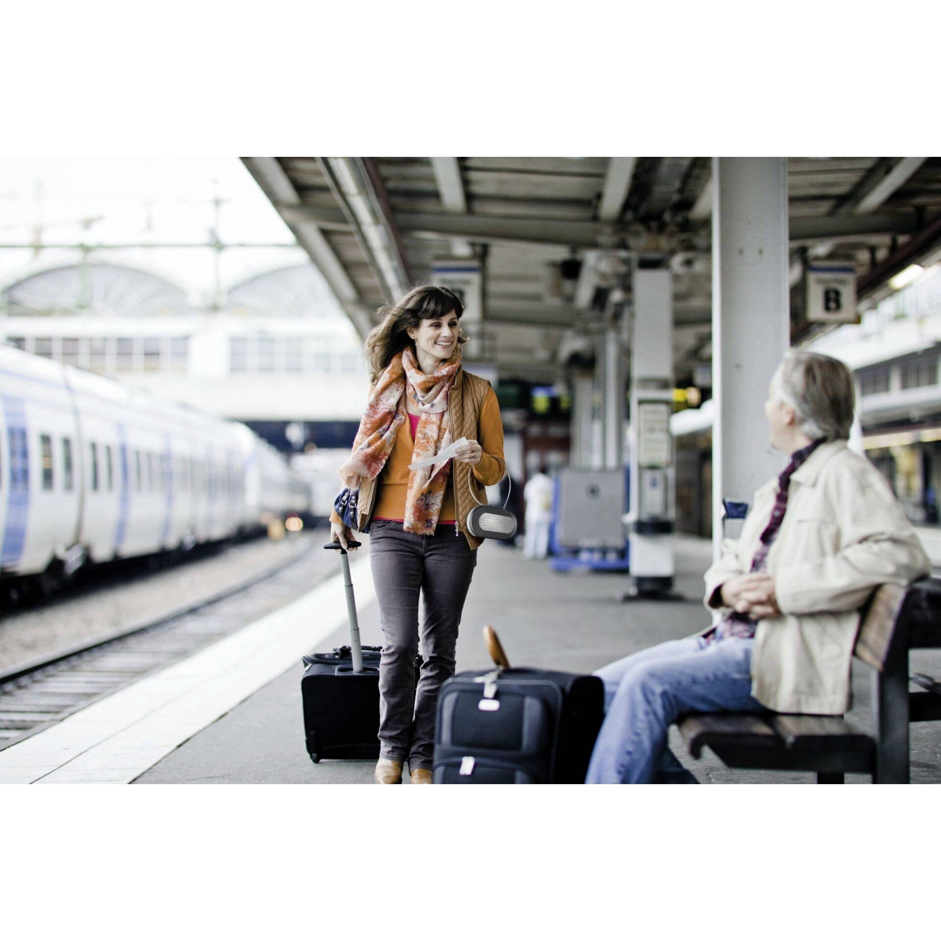 A woman pulls a suitcase on a platform and waves to a seated man. A train stands ready in the background.