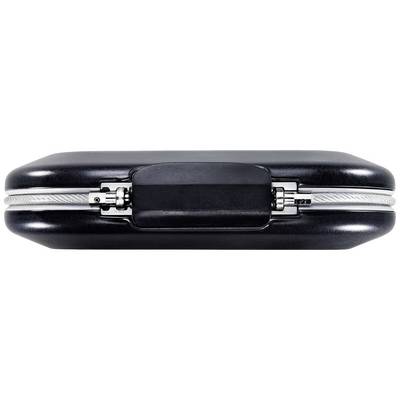 Black suitcase with robust lock, viewed from the side.