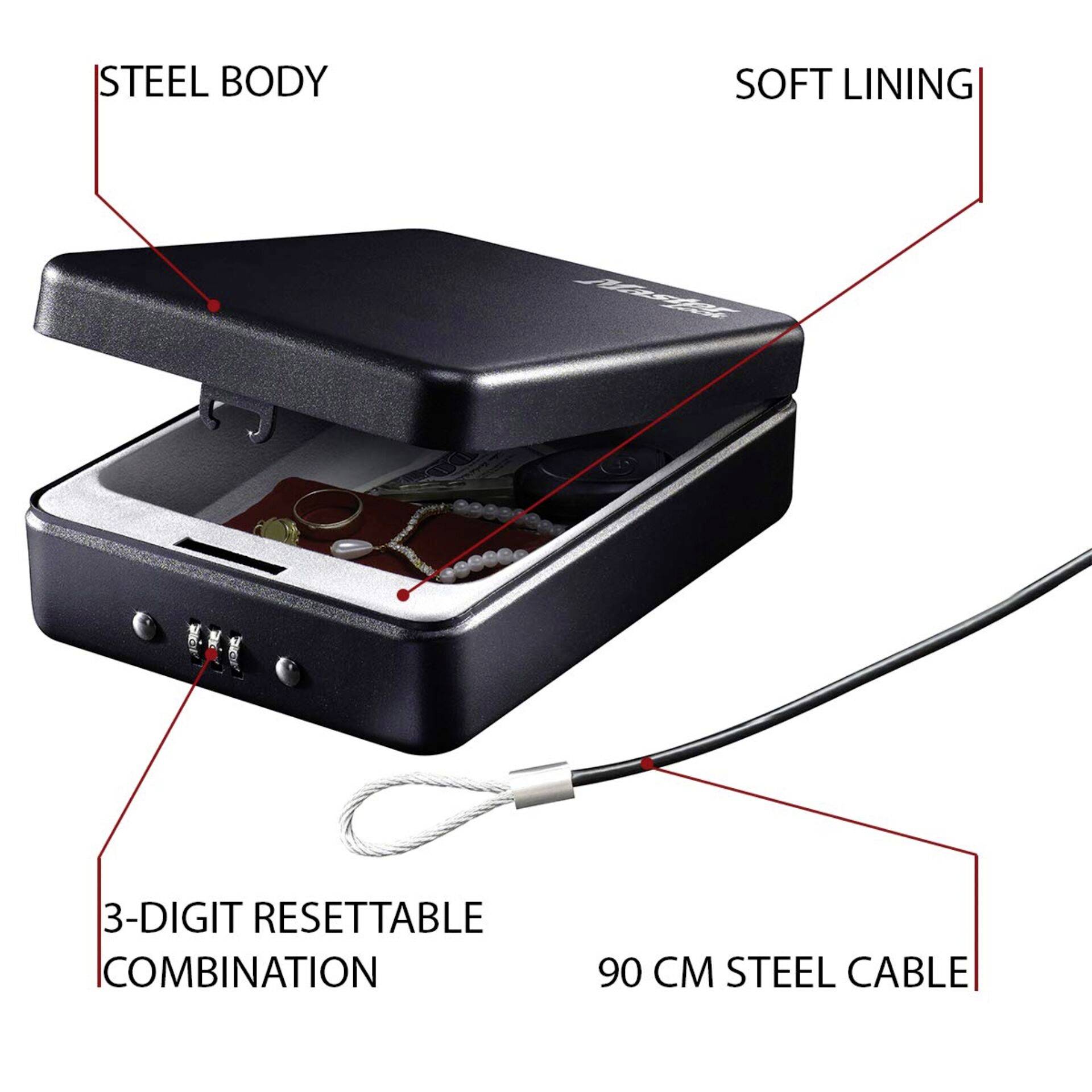 A small black safe box with soft interior lining, adjustable 3-digit number code and 90 cm cable for securing.