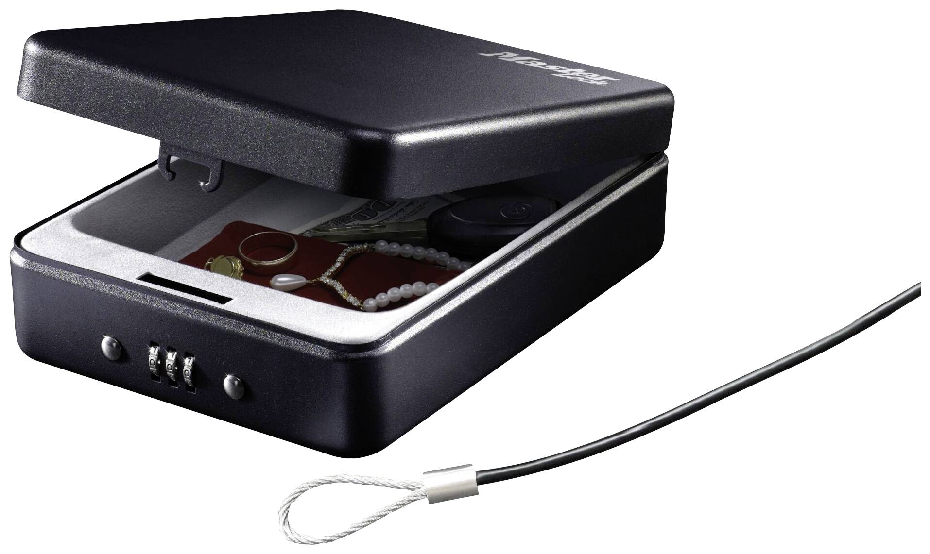 An open black safety box with a number combination lock shows jewellery and cash inside. Beside it is a steel cable.