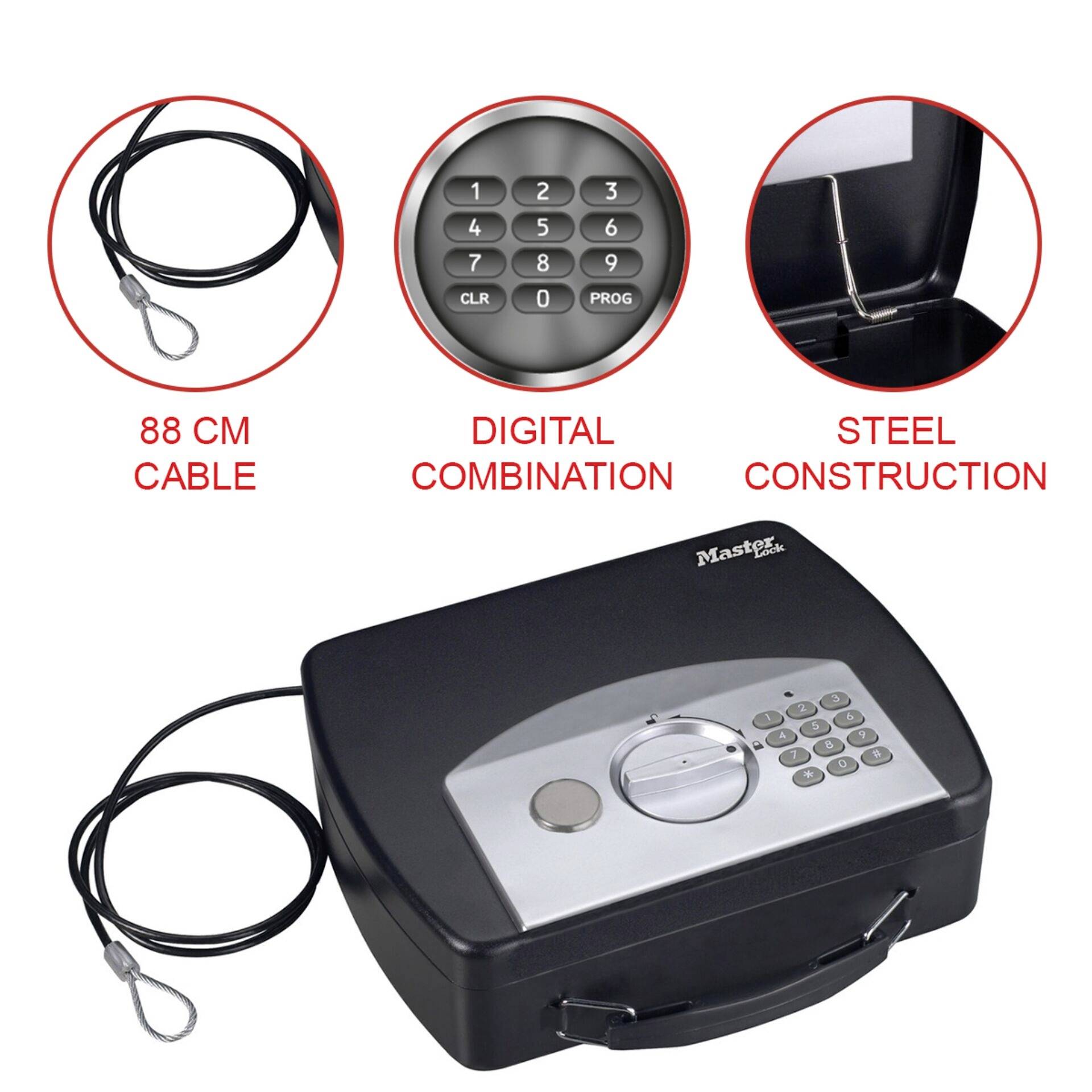 A portable safe with a digital combination lock, 88 cm long cable and steel construction. Suitable for secure storage.