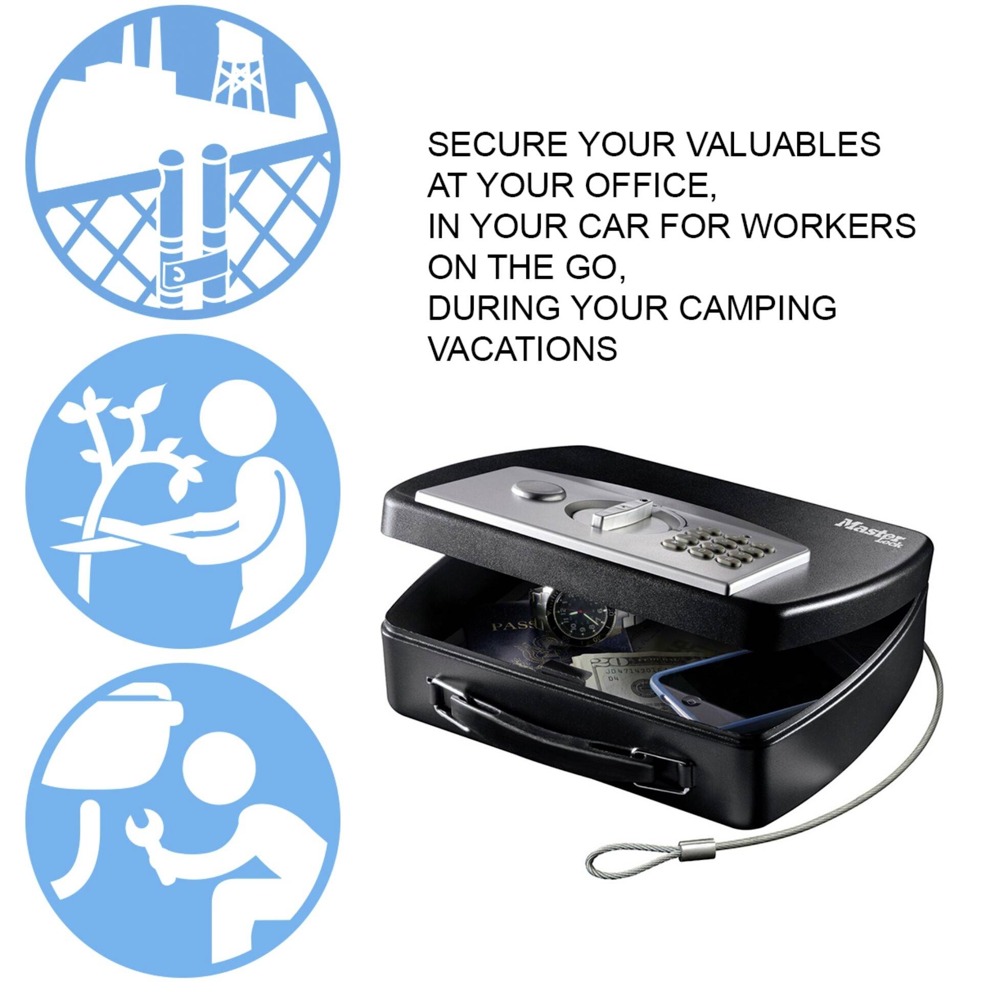 A portable safe with a number lock, suitable for securely storing valuables in the office, car, for workers on the move, and while camping.