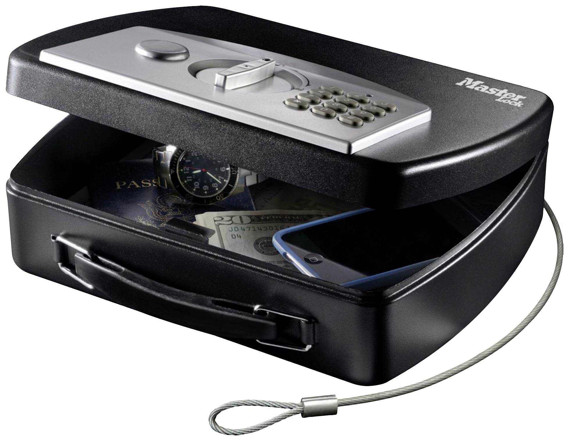 An open safe with a combination lock. Inside are a passport, a wristwatch, banknotes, and a smartphone.