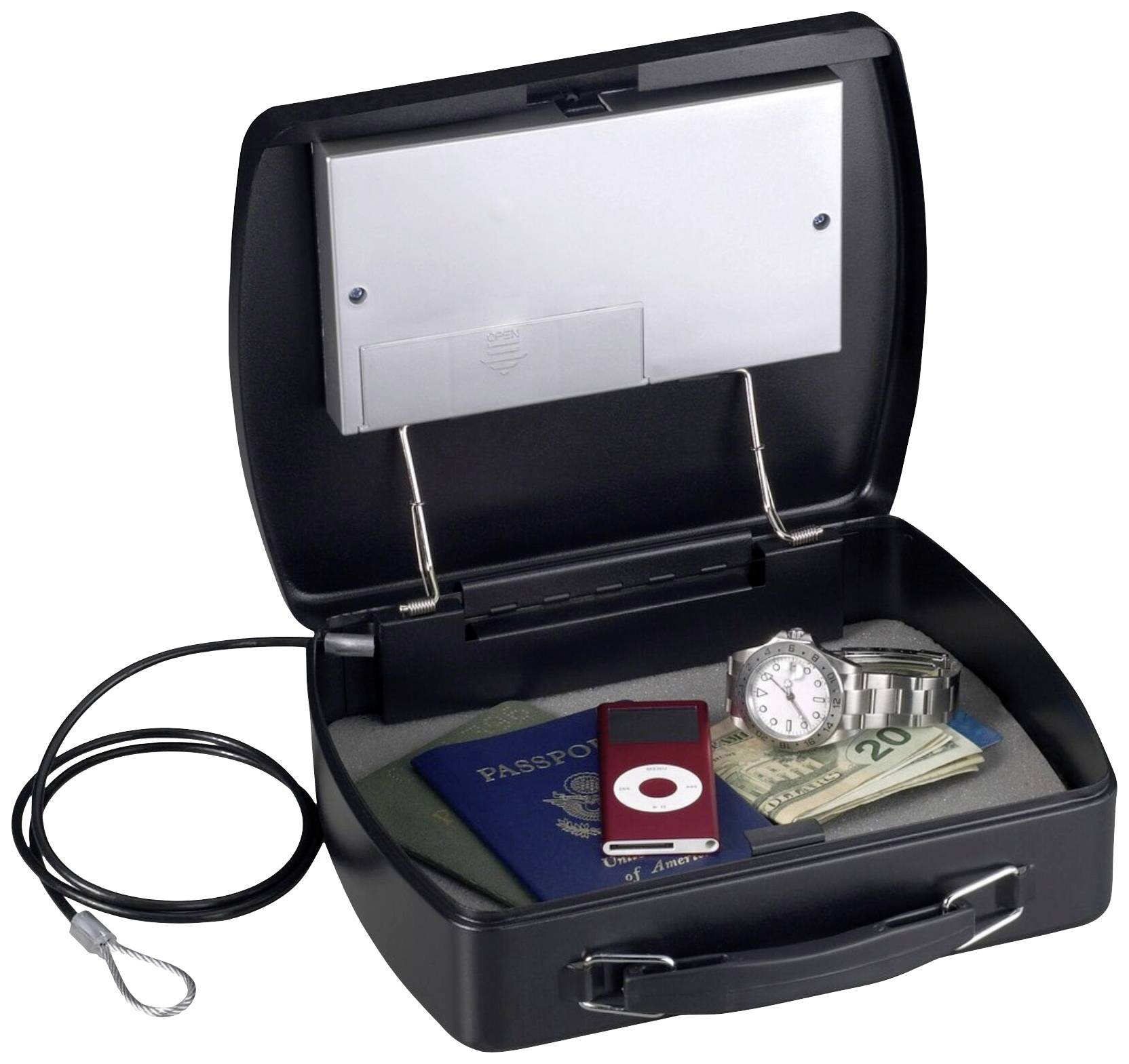An opened safe contains a passport, a music player, a banknote and a wristwatch. A security cable is attached to the safe.