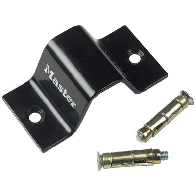 A black metal fixing part with the inscription 'Master' next to two wall plugs with screws, suitable for wall mounting.