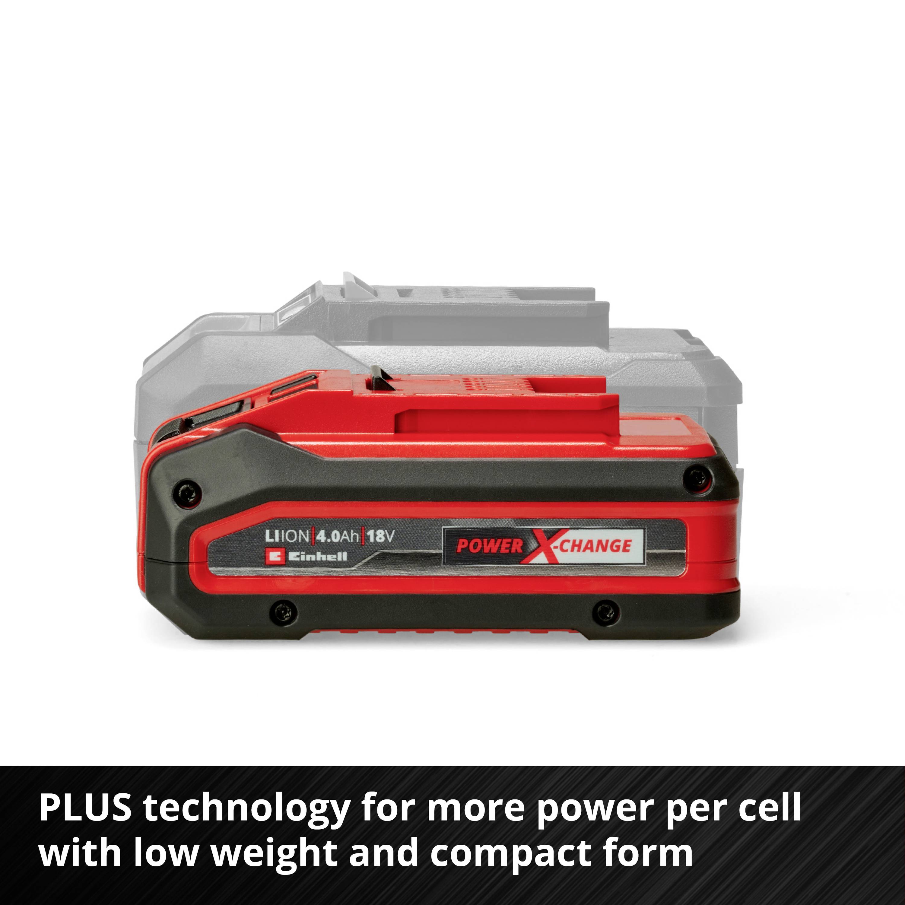 A red Li-ion battery with 18V and 4.0Ah. Text underneath: 'PLUS Technology for more power per cell with low weight and compact design'.