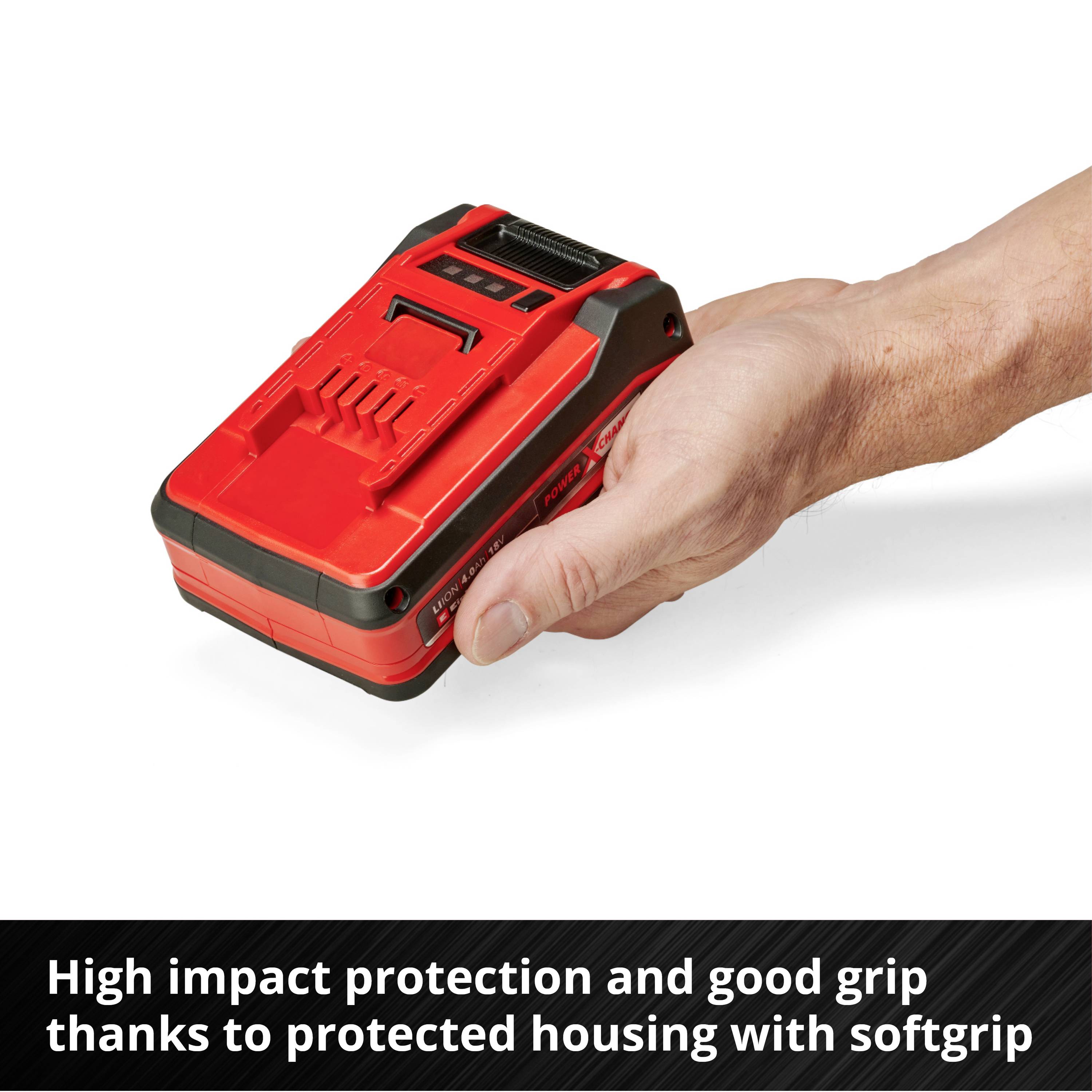 A red tool device is being held by a hand. Text: 'High impact protection and good grip thanks to protected casing with soft grip'