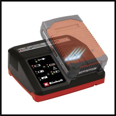 Einhell battery charger with battery inserted. The display on the device indicates the charging status.