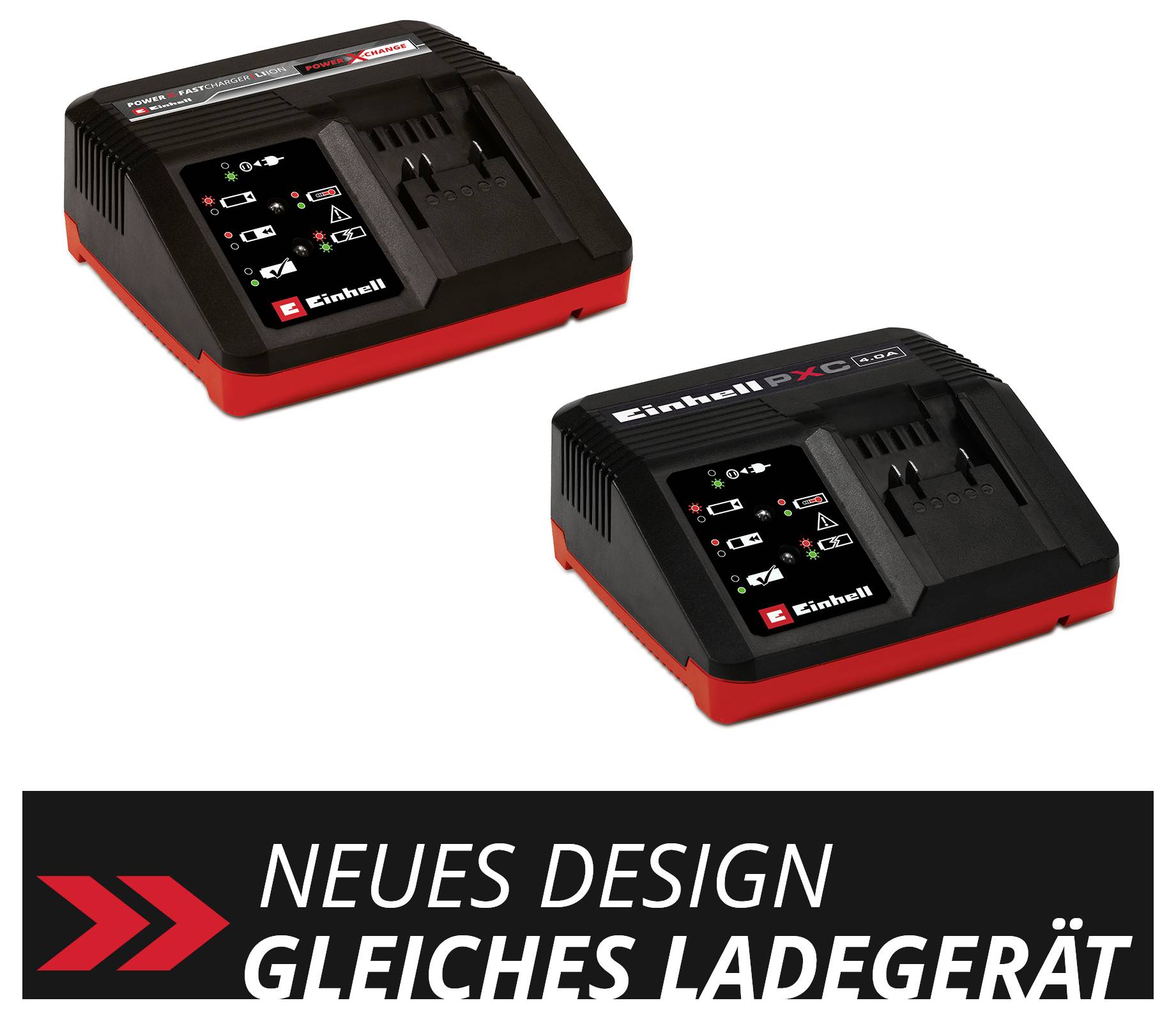 Two black chargers with red borders and LED displays. Below them a caption: 'New design, same charger'.