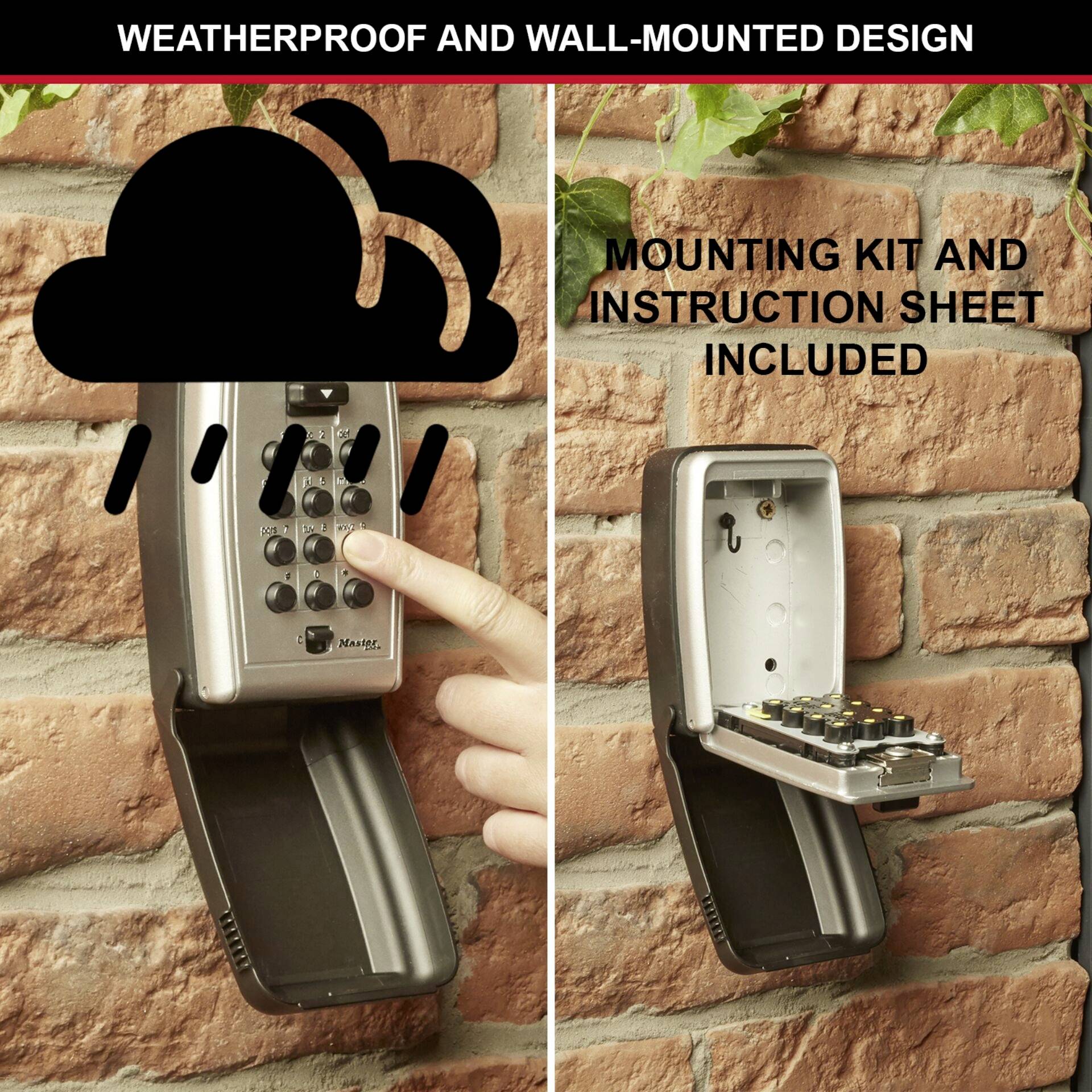 Wall-mounted key safe with combination lock on a brick wall. A hand is operating the lock. Weatherproof design, mounting kit included.