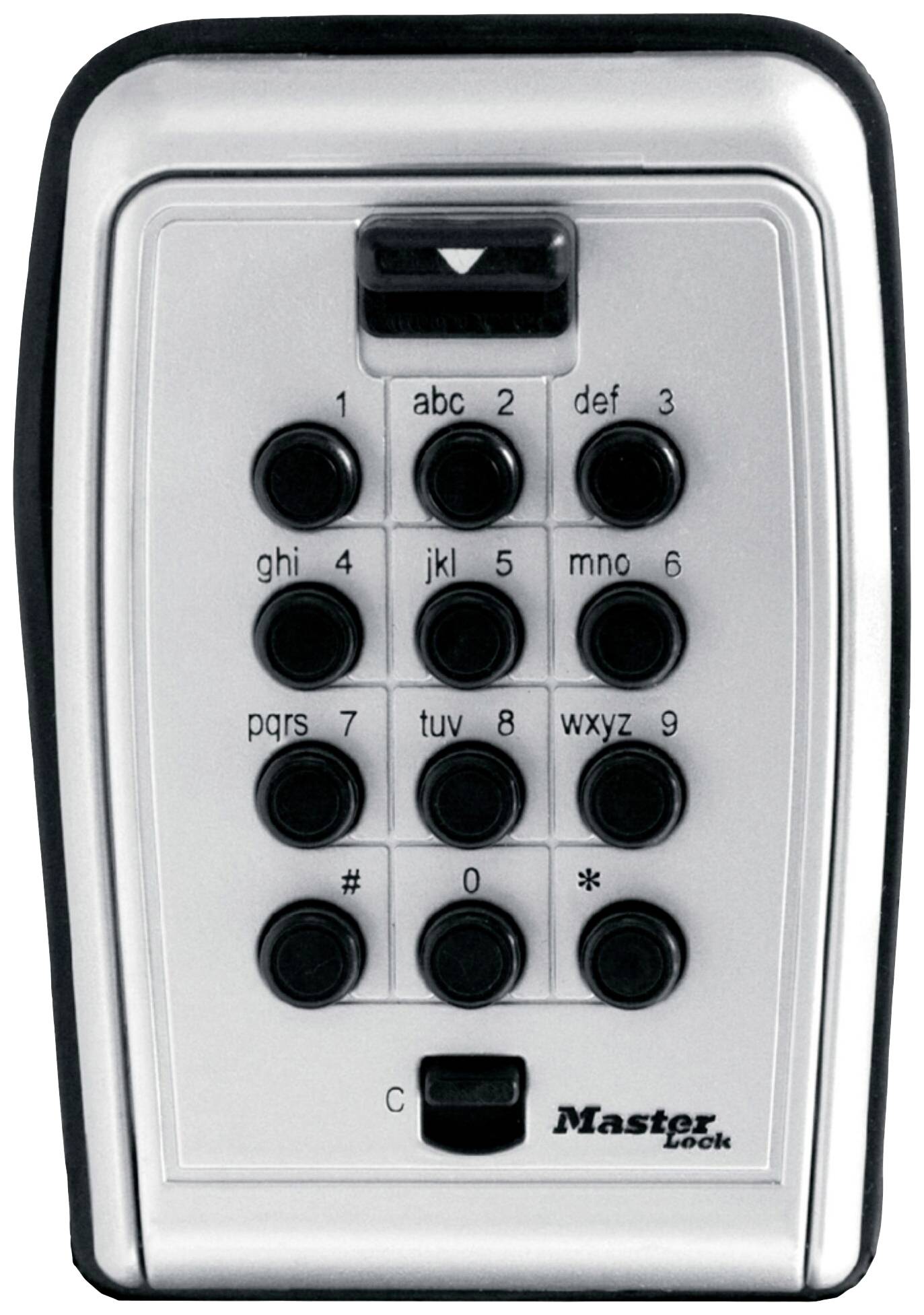 'Key safe with numeric combination buttons, suitable for outdoor use. Numbers from 0 to 9 and letter groups.'