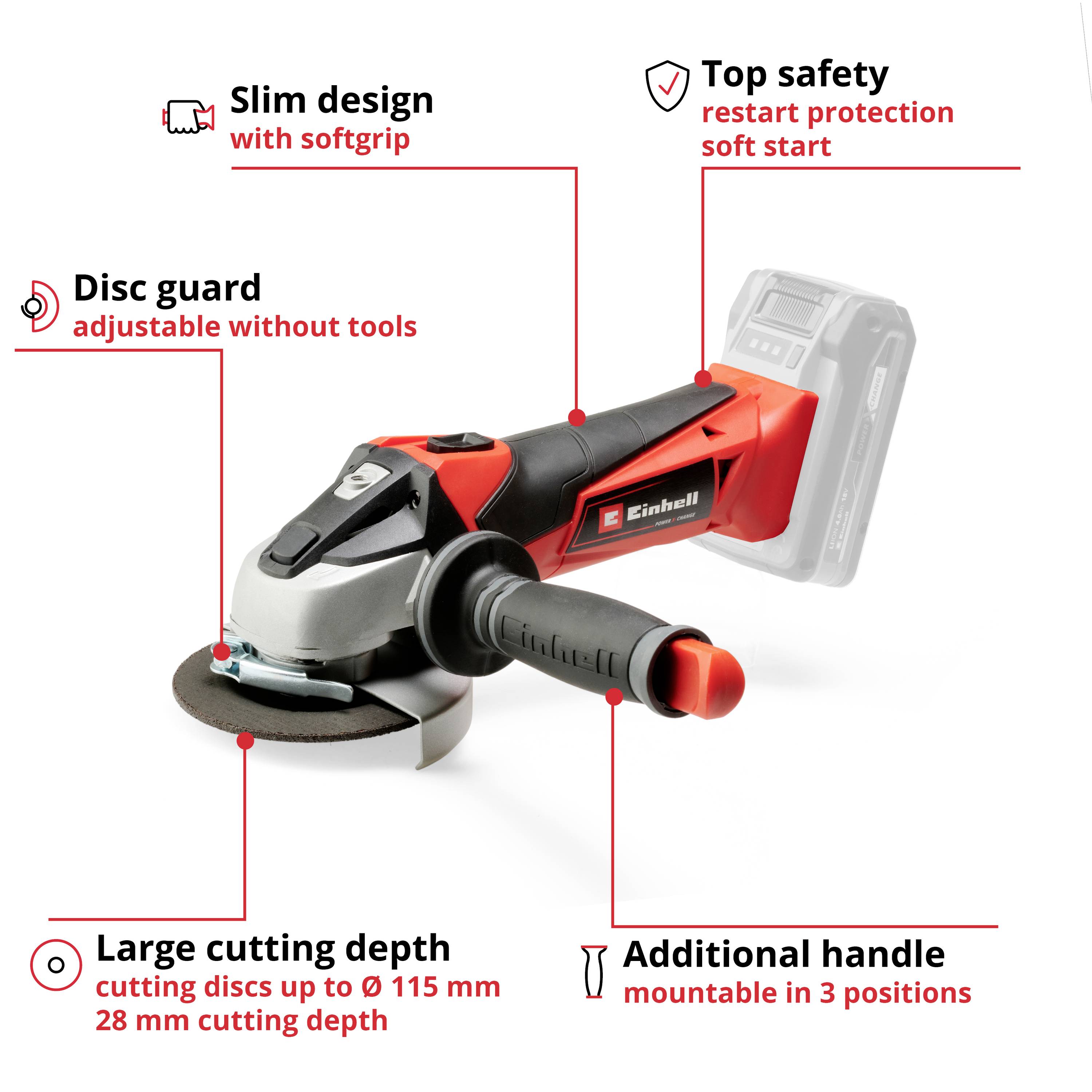'Angle grinder with slim design, adjustable disc guard, high safety, large cutting depth and auxiliary handle.'
