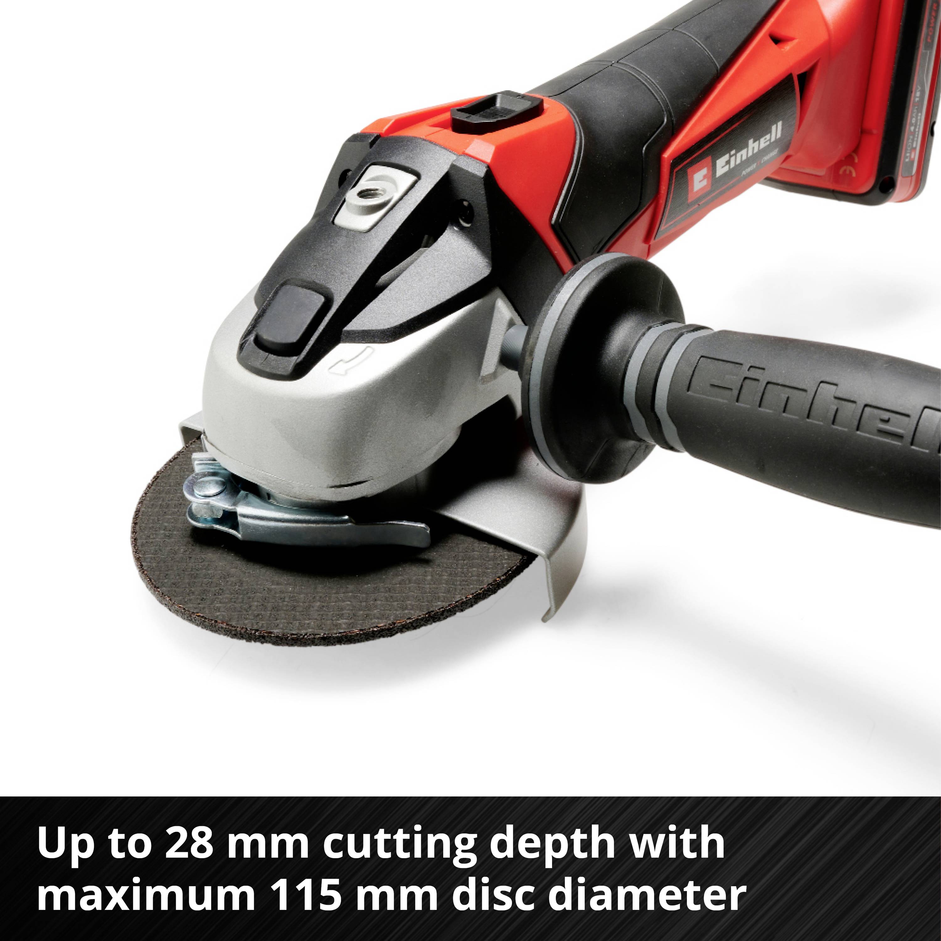 The image shows an angle grinder with a red housing. Text below reads: 'Up to 28 mm cutting depth with a maximum 115 mm disc diameter'.