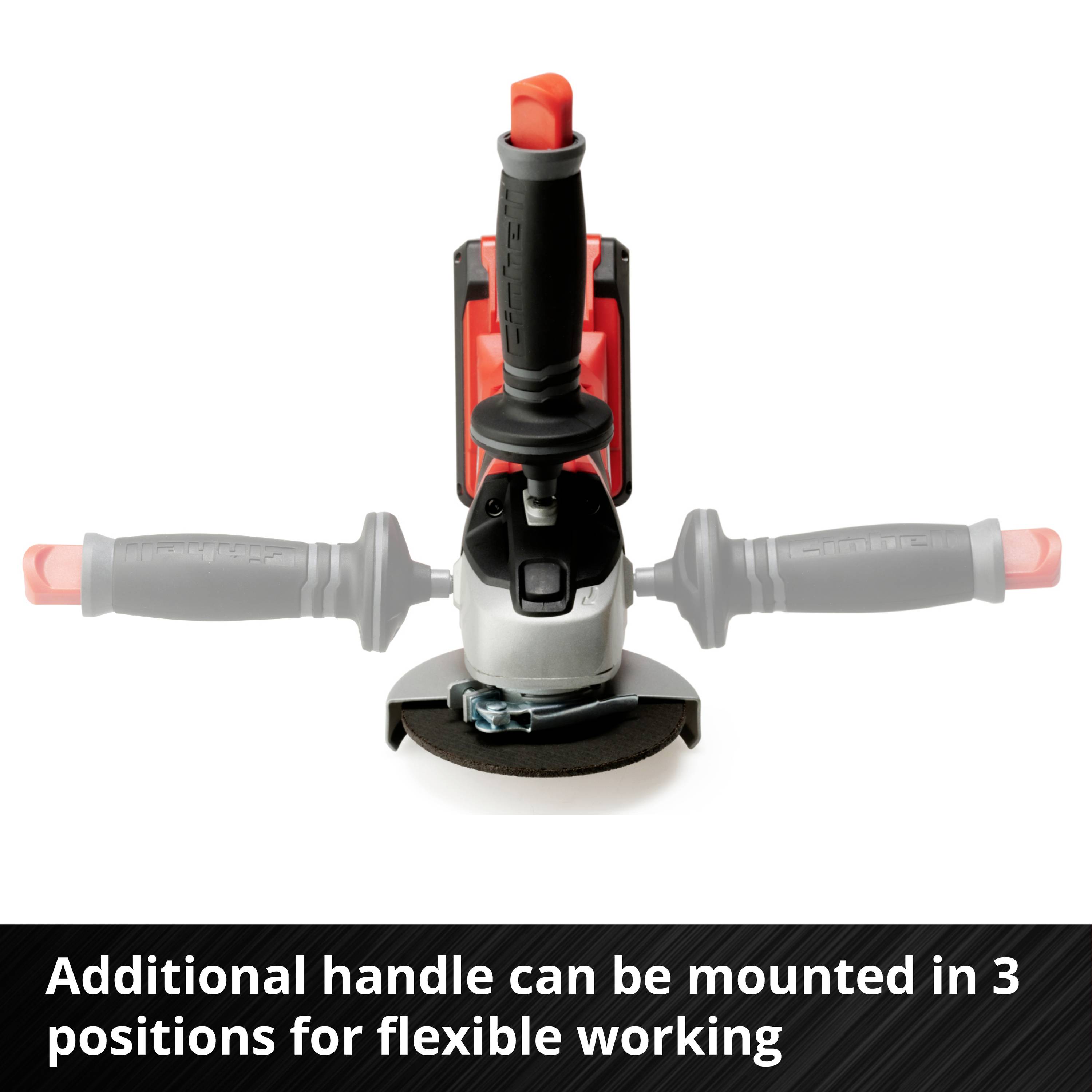 'Additional handle for flexible working, mountable in 3 positions.' Image of an angle grinder with adjustable handle.