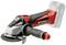 Battery-powered angle grinder in red and black with Einhell logo. Tool with removable safety guard and comfortable handle.