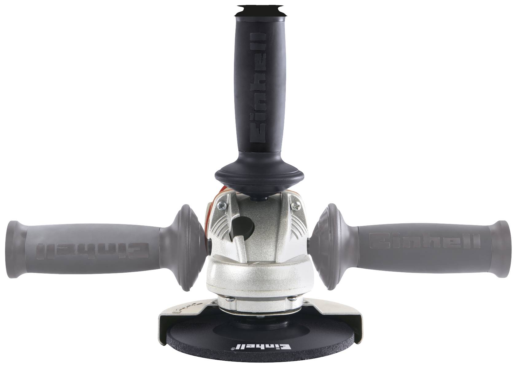 An angle grinder with a black handle and rotating blades, set against a white background.