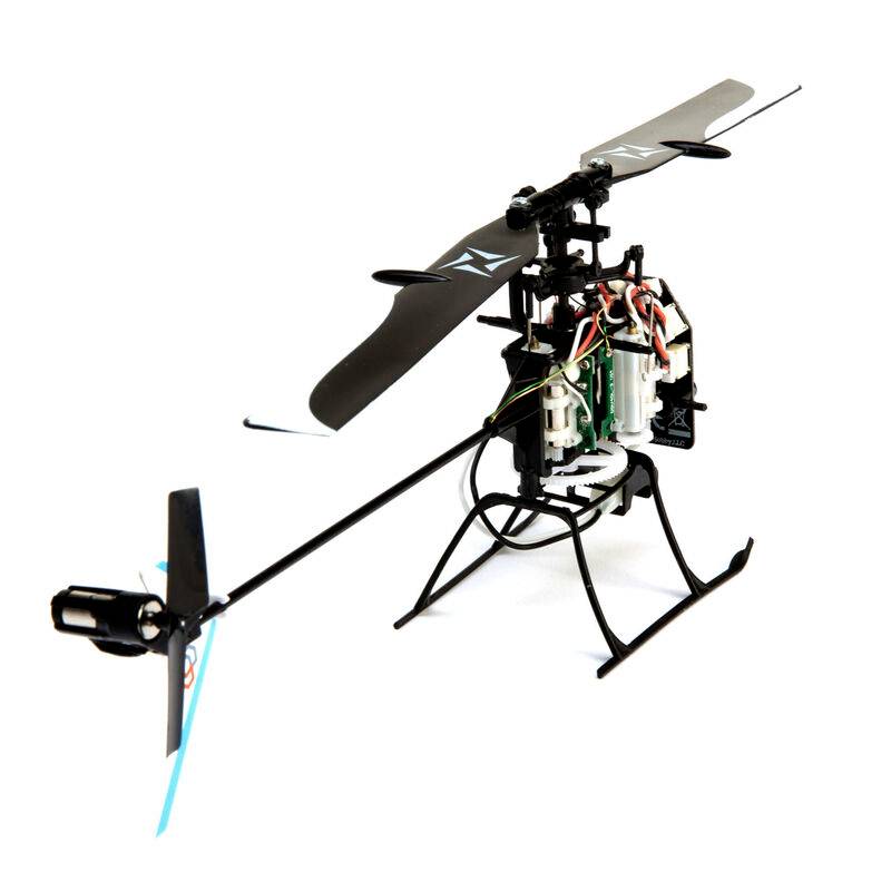 Remote-controlled helicopter model with a black rotor, visible cables, and two small electric motors, against a white background.