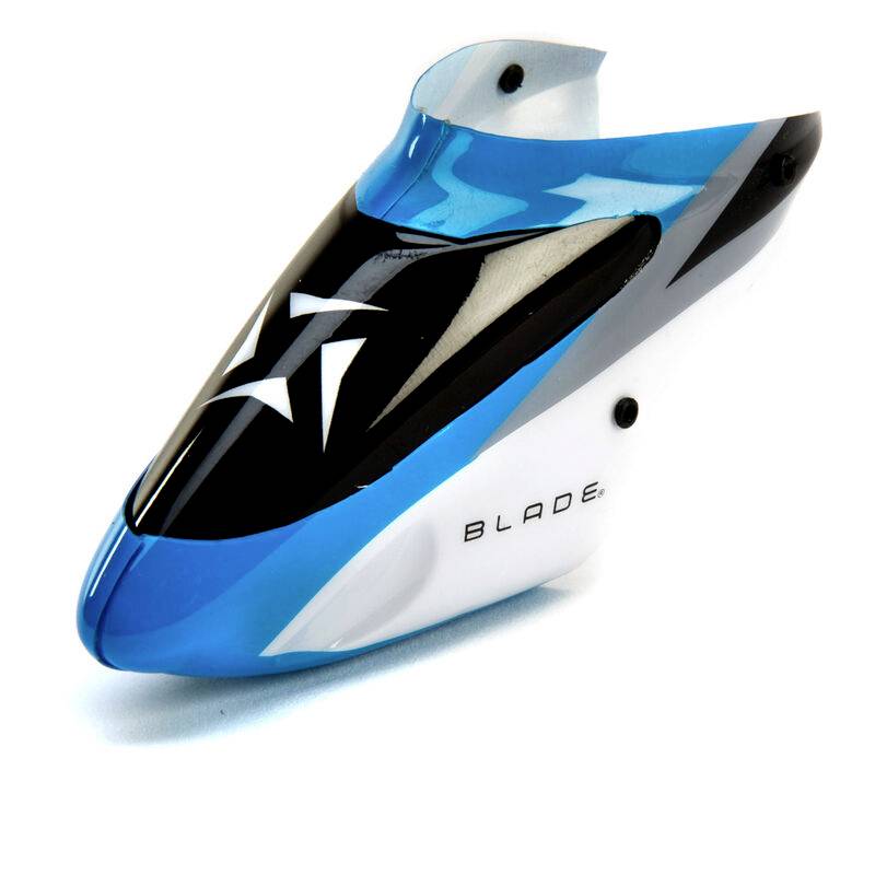 Helicopter cockpit with blue and white accents and 'Blade' logo. Design conveys speed and efficiency.