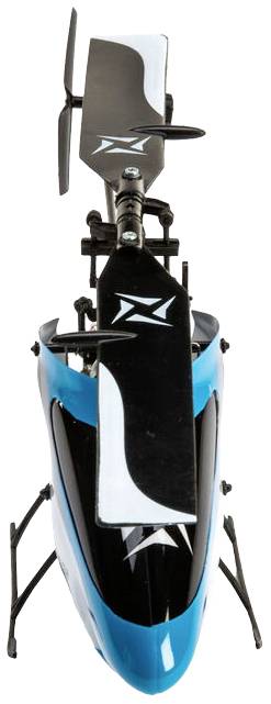 A small remote-controlled helicopter model in blue and black, viewed from above.