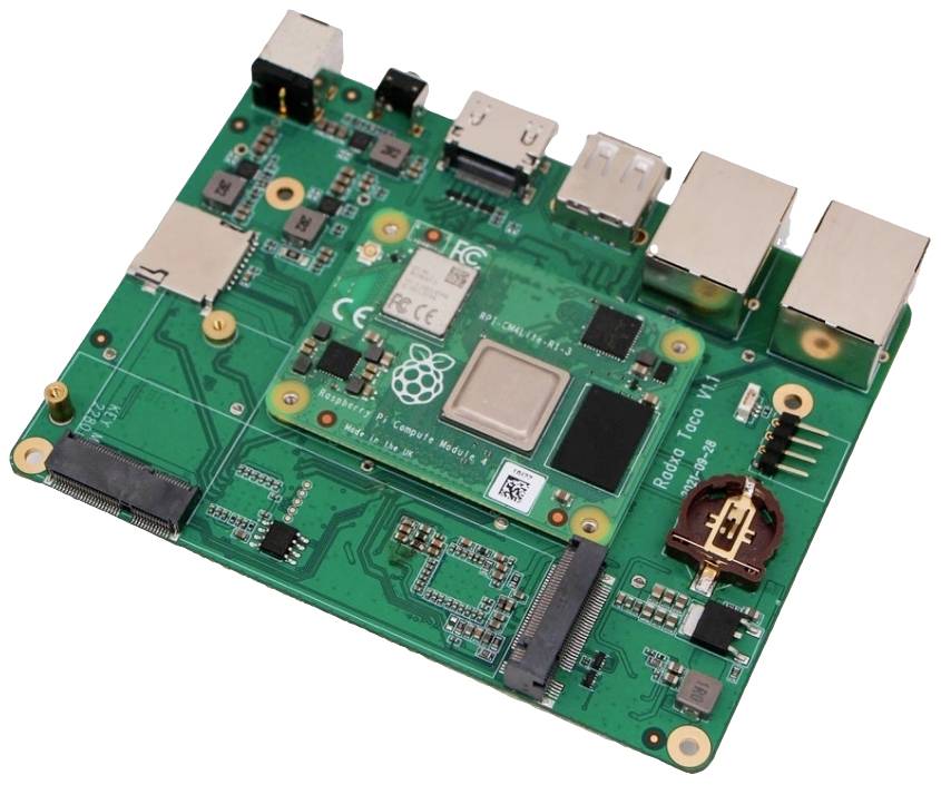 A green main circuit board with multiple ports, including USB ports and HDMI. In the centre is a processor with a Raspberry Pi logo.
