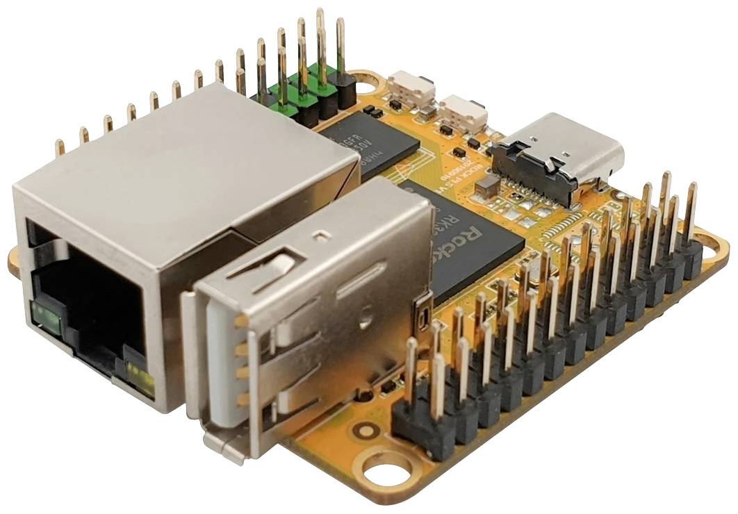 An orange single-board computer with Ethernet and USB ports, along with pin rows, suitable for various hardware projects.