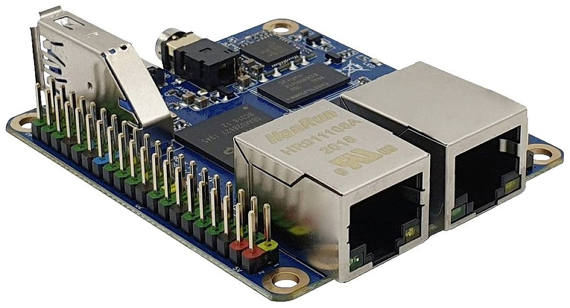 A small, blue circuit board with two Ethernet ports, an SD card slot, and several pins on the side.
