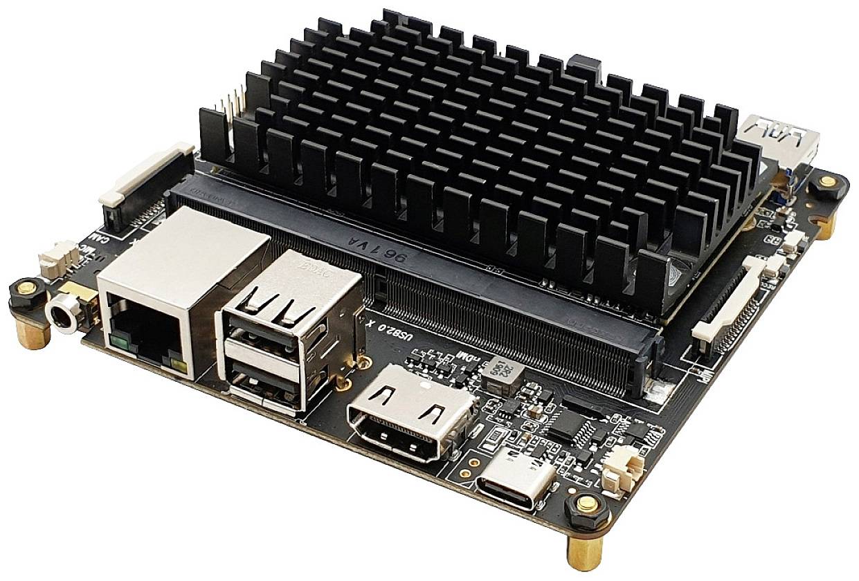 A single-board computer with a heatsink, USB and HDMI ports. Suitable for projects in electronics and programming.