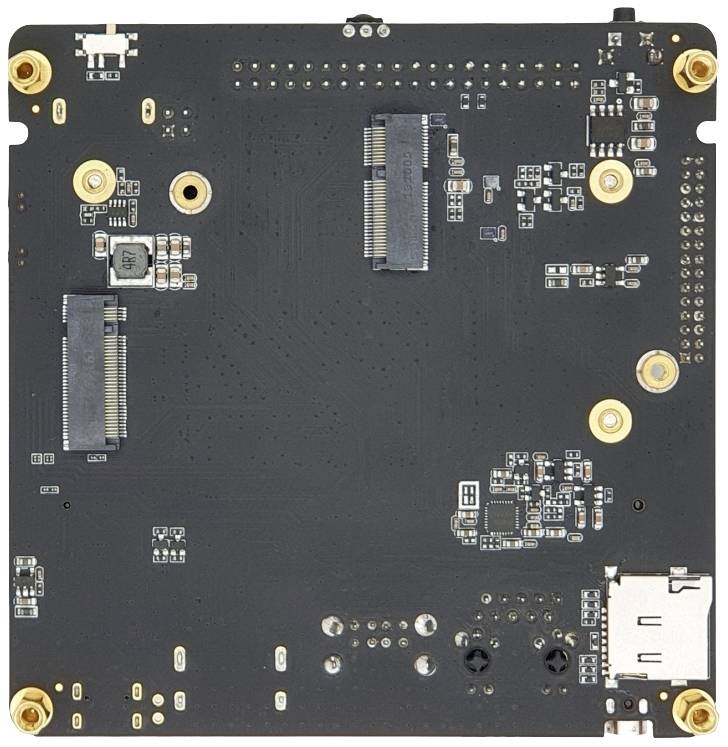 A black printed circuit board with multiple golden contacts and electronic components.