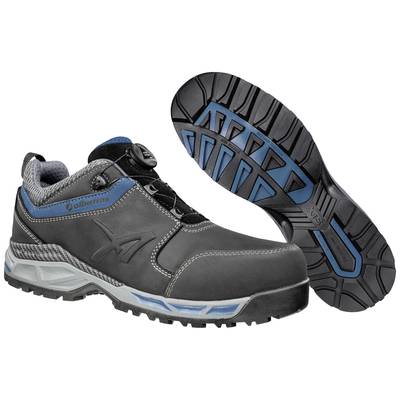 Black safety shoe with blue sole, reinforced toe cap and twist fastening.