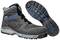 A pair of grey safety shoes with reinforced sole and blue accents. Suitable for work environments with high safety requirements.