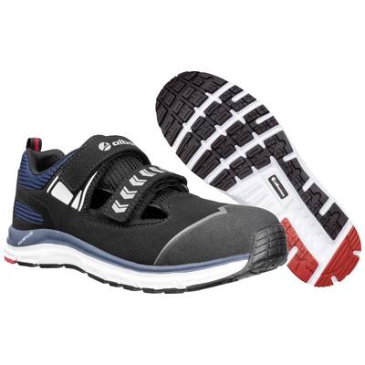 A black safety shoe with a hook and loop fastener and blue padding. To its right, the non-slip red sole viewed from above.