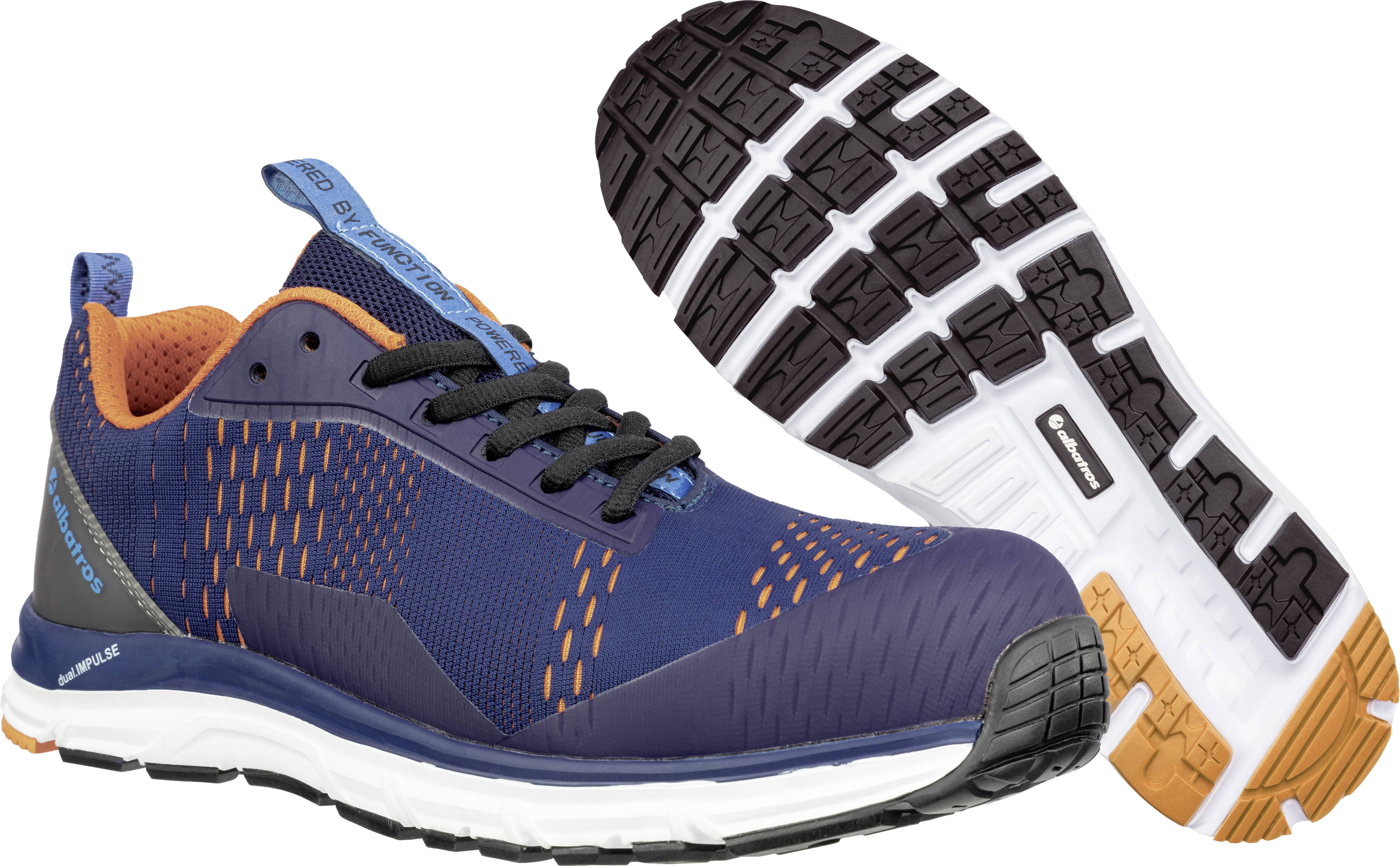 Blue and orange sports trainer with a white sole, showing side and bottom view. Design-focused and suitable for sporting activities.