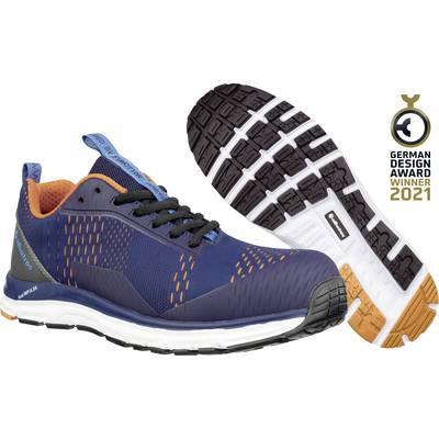 A pair of blue sports trainers with orange details, winner of the German Design Award 2021. Shows sole and upper material in detail.
