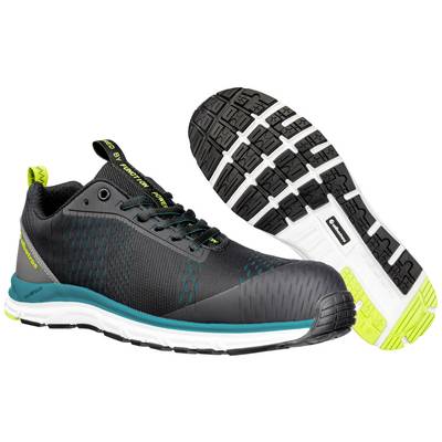 Black sports trainers with white sole and green accents, perfect for running or leisure. Rear view shows sole with non-slip tread.