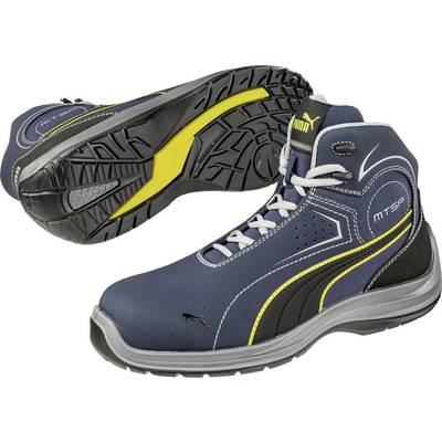 A pair of blue safety work shoes with yellow and black accents, reinforced sole, and high ankle shafts.