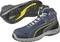 Two blue safety shoes with black sole and yellow details, shown from the side and bottom, with Puma logo.