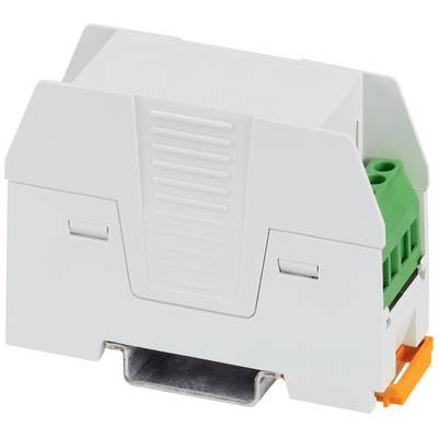 Grey electrical junction box with green connection terminals, mounted on a metal DIN rail. Used for electrical connection.
