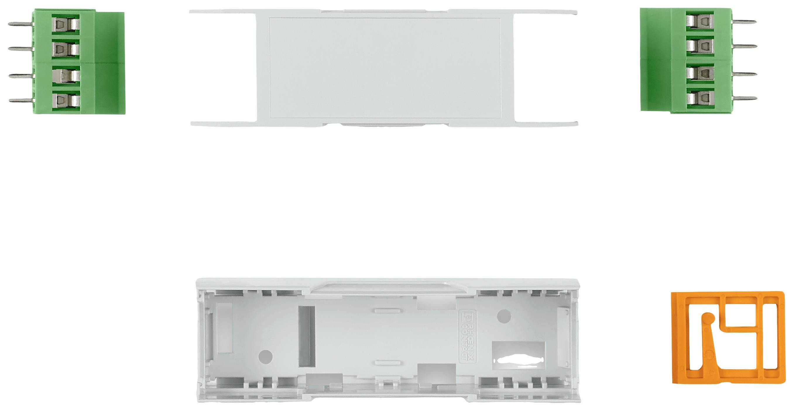 Two green connectors and accessory parts for enclosures, including a white cover and an orange plastic mounting bracket, are shown.