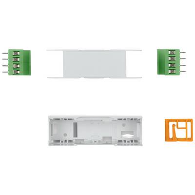 Two green connectors and accessory parts for enclosures, including a white cover and an orange plastic mounting bracket, are shown.