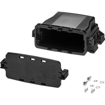 Plastic enclosure with removable lid, screws and metal clips; suitable for electronic assembly or cable management.