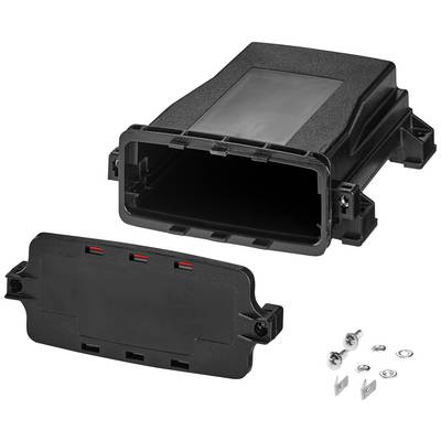 Black, rectangular electronic enclosure component with a removable cover and mounting elements, suitable for industrial applications.