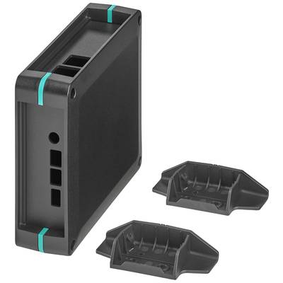 Black rectangular electronic enclosure with green stripes. Next to it, two separate black mounting brackets.