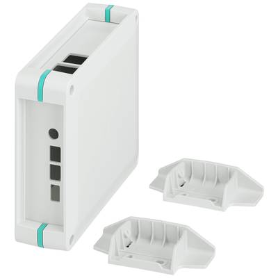 A rectangular, white enclosure with turquoise accents and two white mounting brackets beside it.